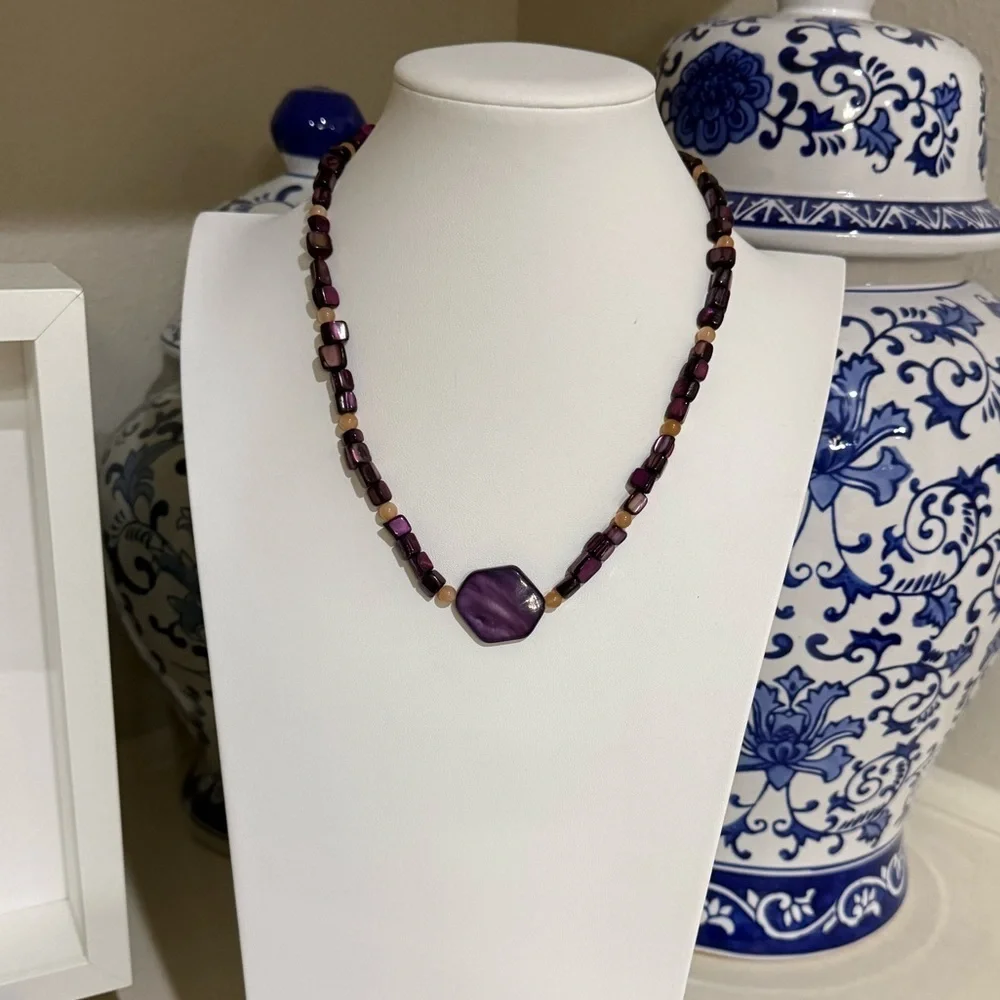 Vintage Purple and Peach Beaded Necklace With Silver Tone Clasp
